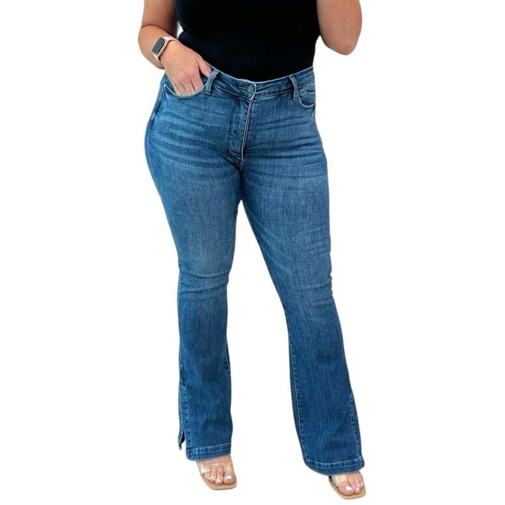 Judy Blue Medium Blue High-Rise Flare Jeans with Hem Slit